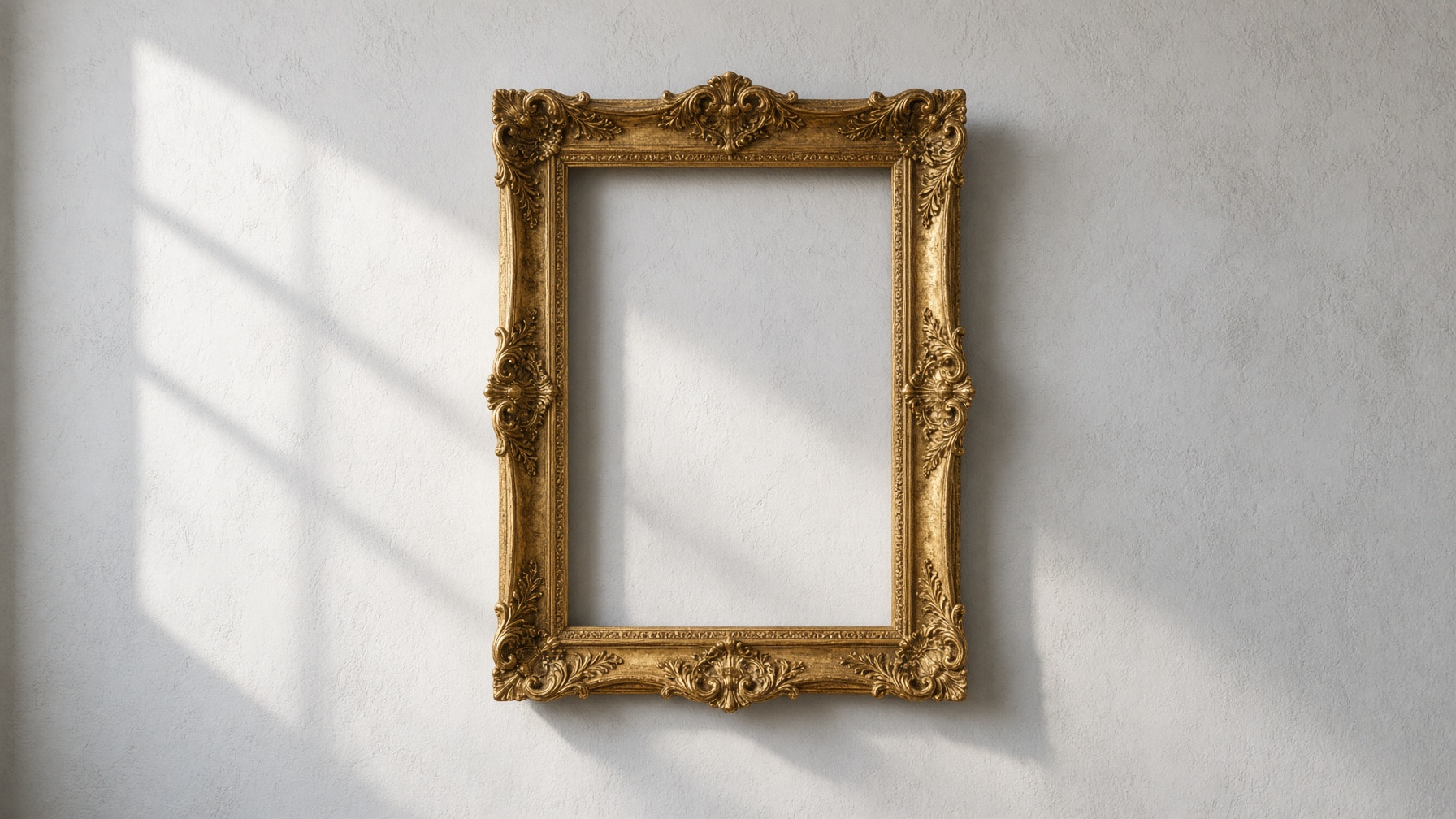An empty gilt frame on a pale wall, no picture inside