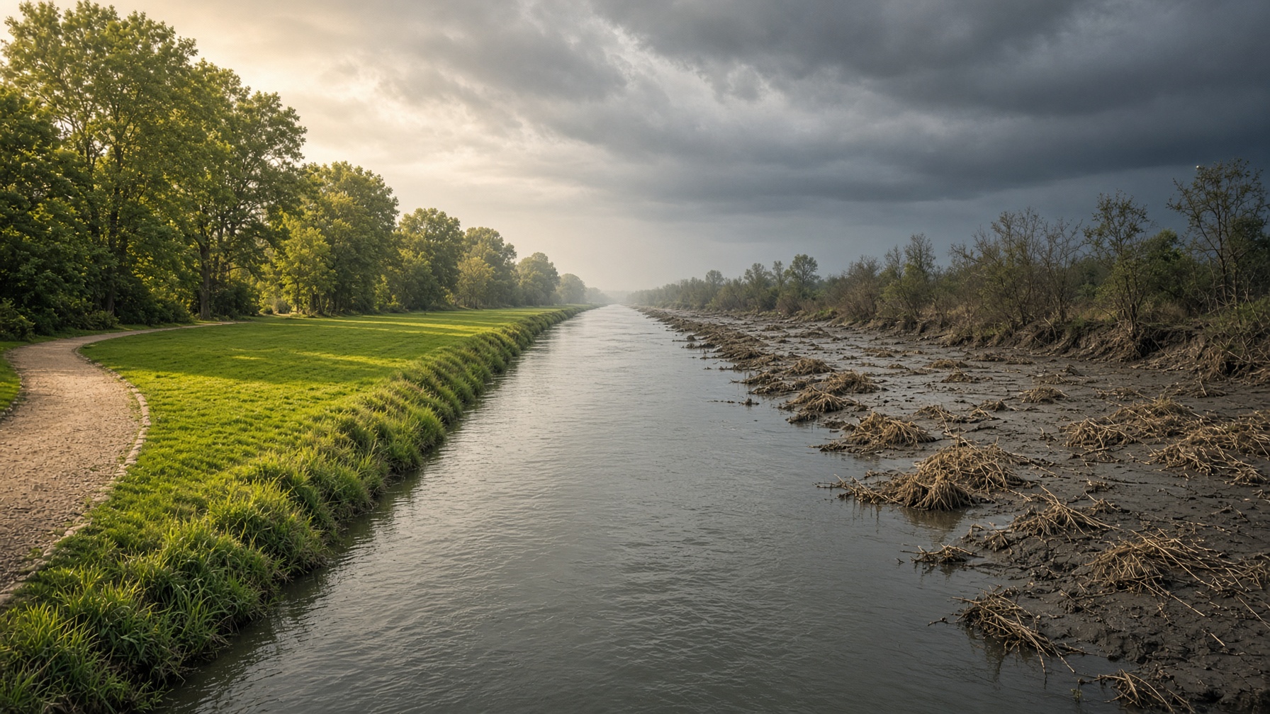 A river with a tended bank on one side and a scoured bank on the other