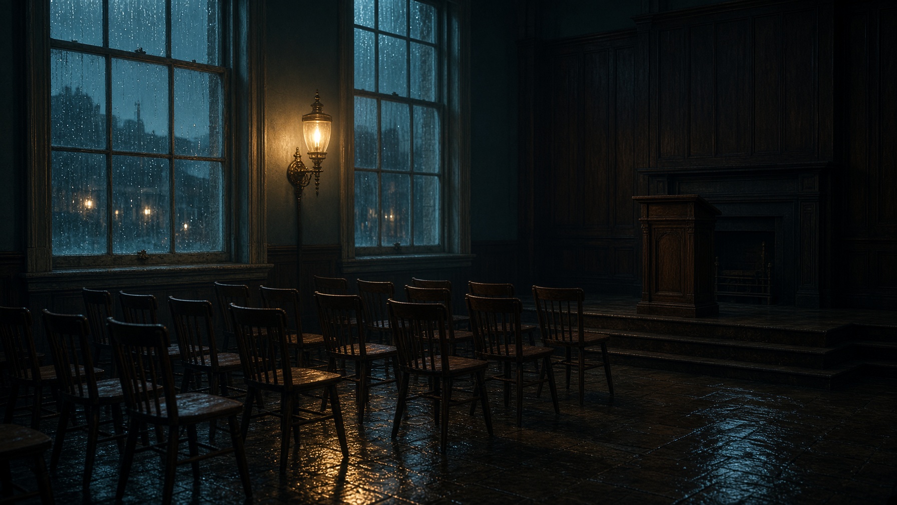Empty chairs facing a lectern, rain on the windows, gaslight