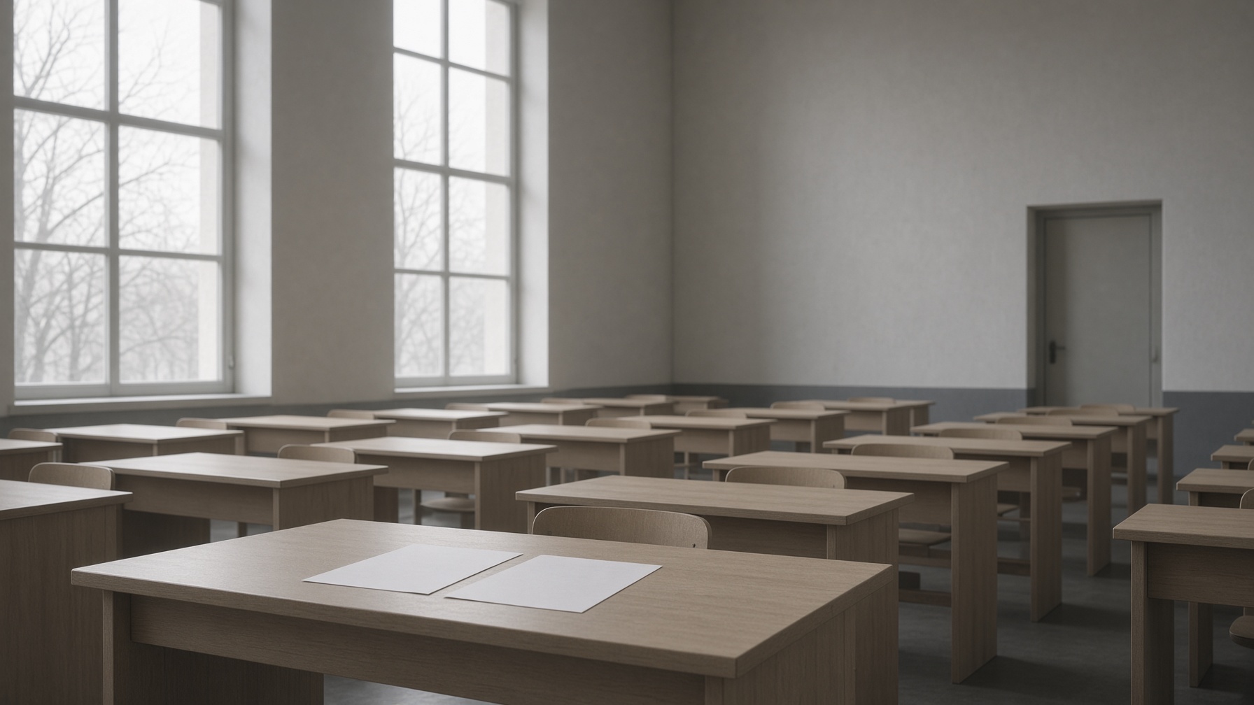 Empty examination desks in winter daylight, two unread papers